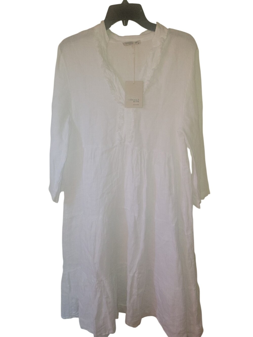 Francesca Bettini White Linen  Lightweight Ruffle V Neckline  Tier Midi Dress M